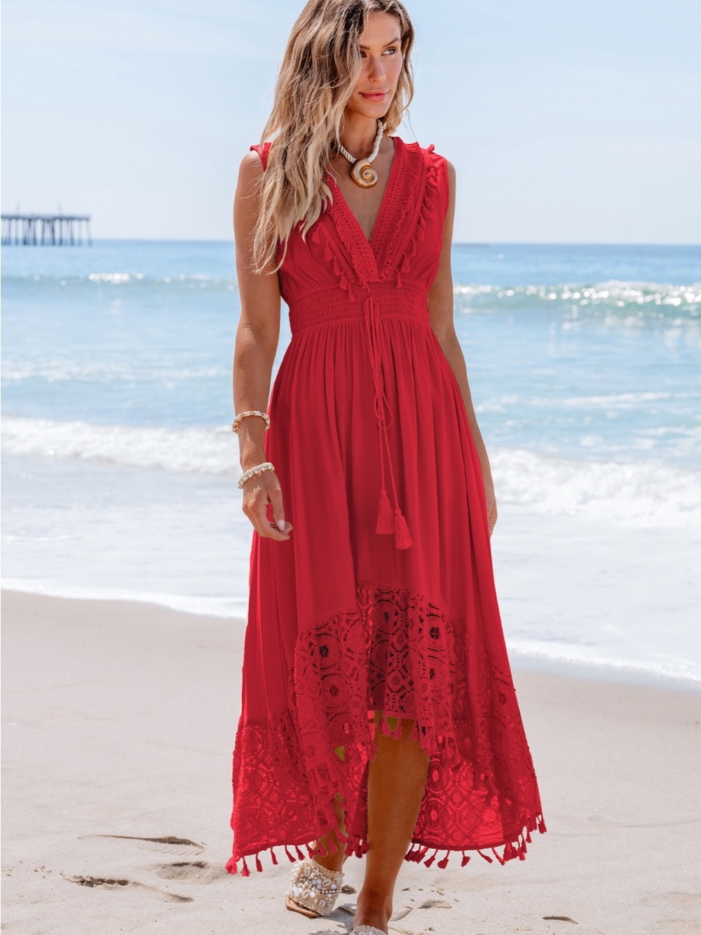 Cupshe Red Smocked Midi Dress with Crochet Hem